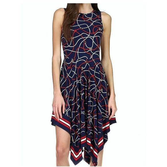 MICHAEL Michael Kors Handkerchief Logo Rope Print Border Dress Midnight Sz Small - Picture 1 of 8
